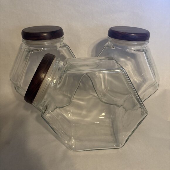 Vintage Hexagon Glass Merchant Canister Candy Cookie Jar Apothecary Set Of 3 - Picture 2 of 7